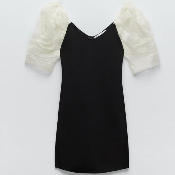 ZARA Voluminous Balloon Organza Sleeve Mini Dress Knit Size Small - Picture 5 of 10